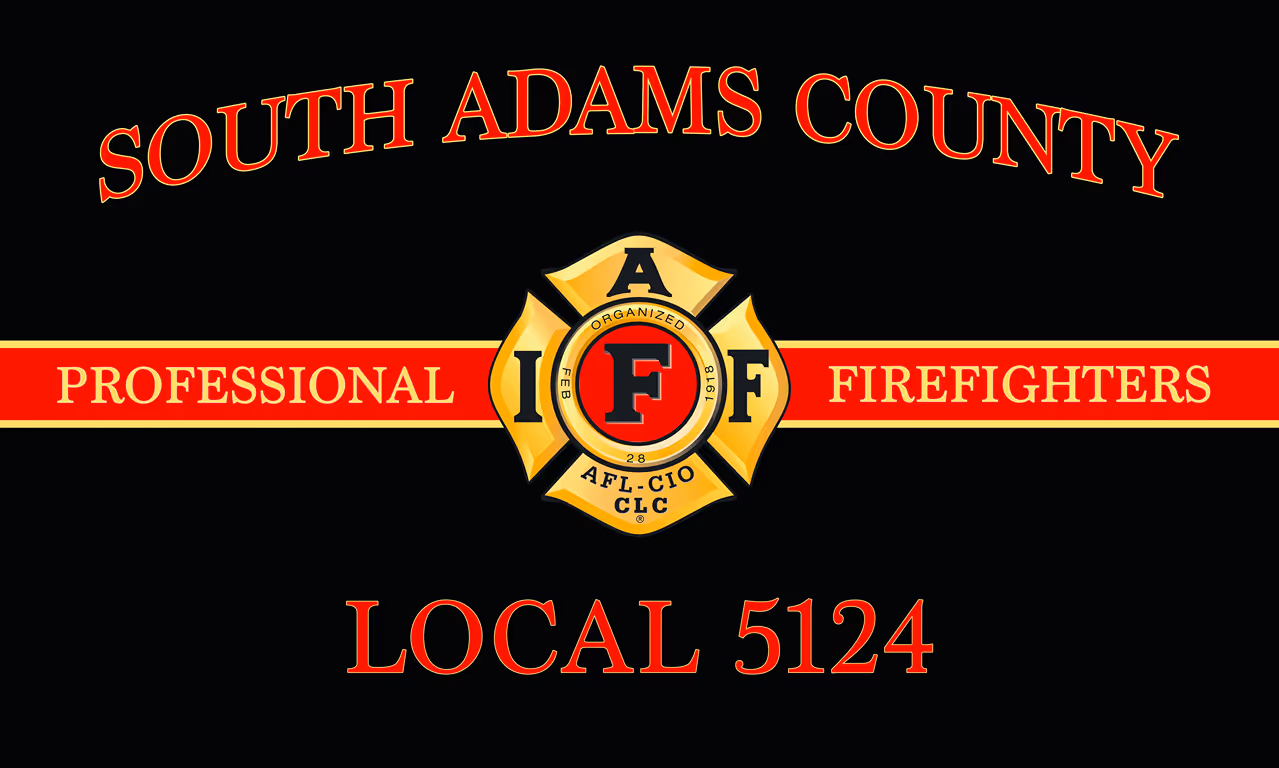 Graphic logo for South Adams County Professional Firefighters, featuring a firefighter emblem and text "Local 5124" on a black background.