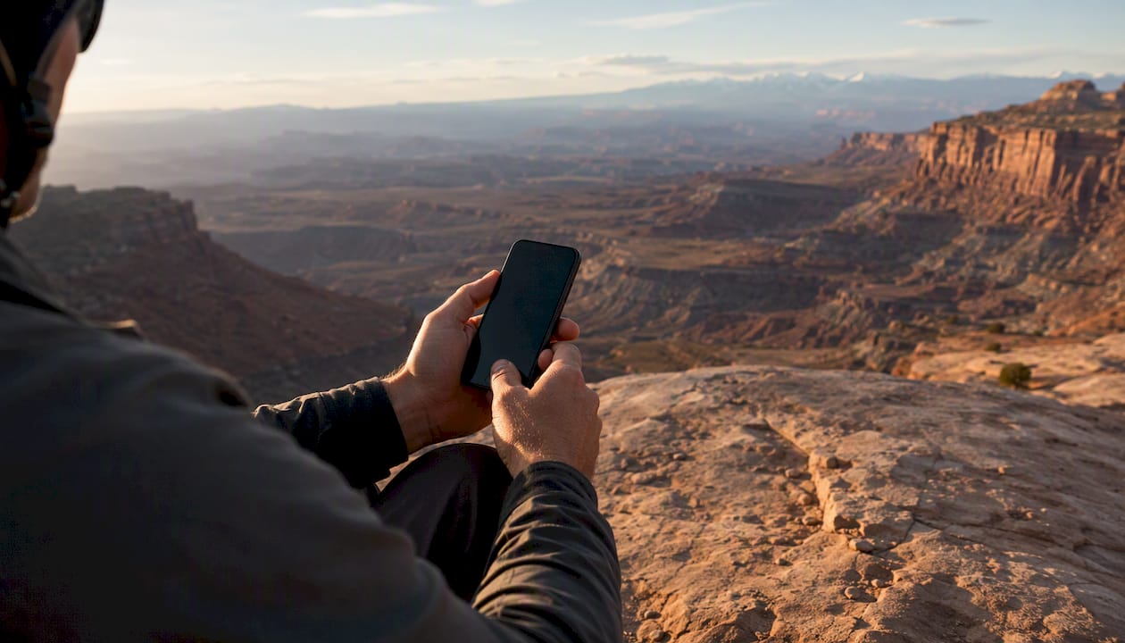Hands holding smartphone outdoors preparing GPS