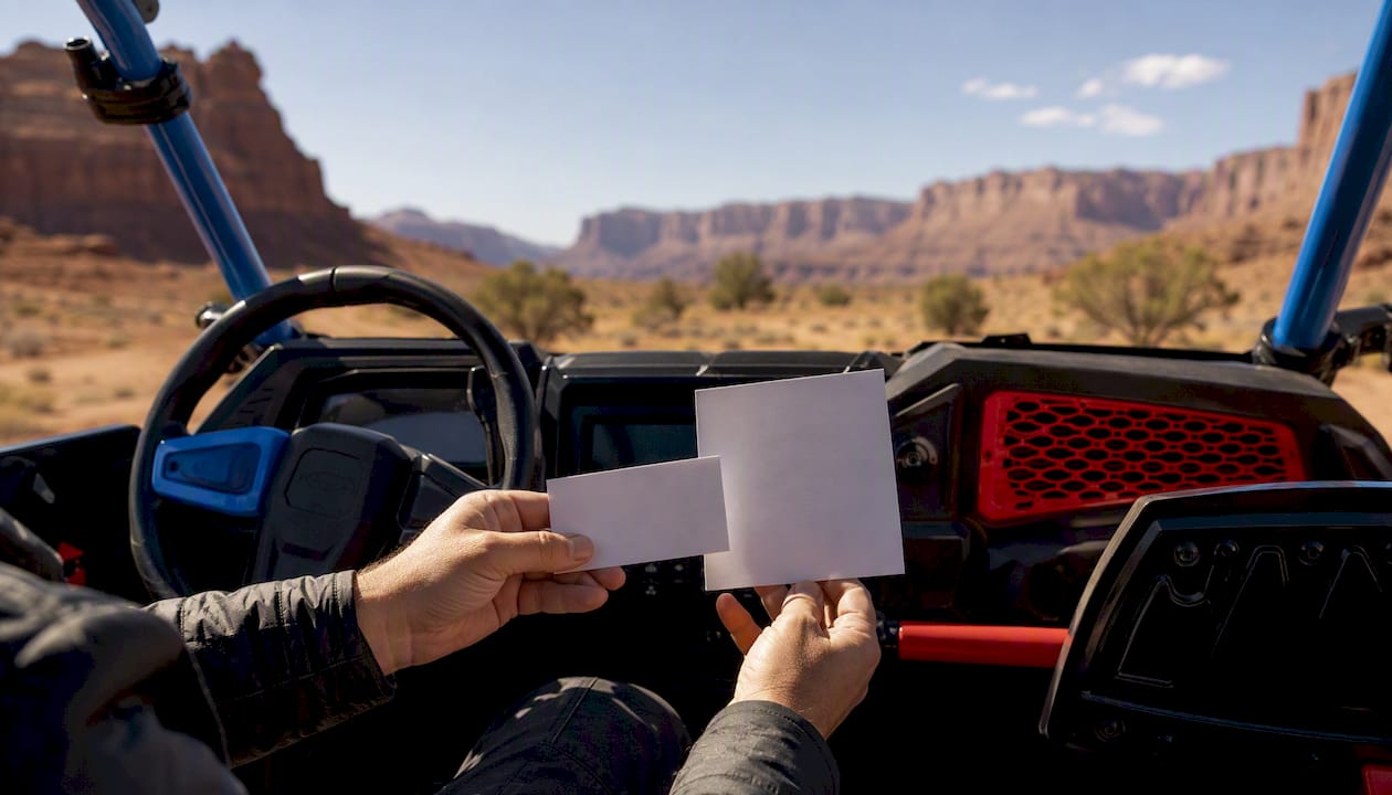 Hands holding UTV registration and insurance cards inside vehicle