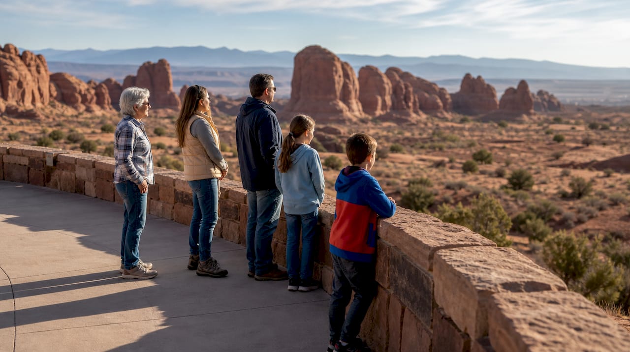 Family walking an easy Arches overlook trail