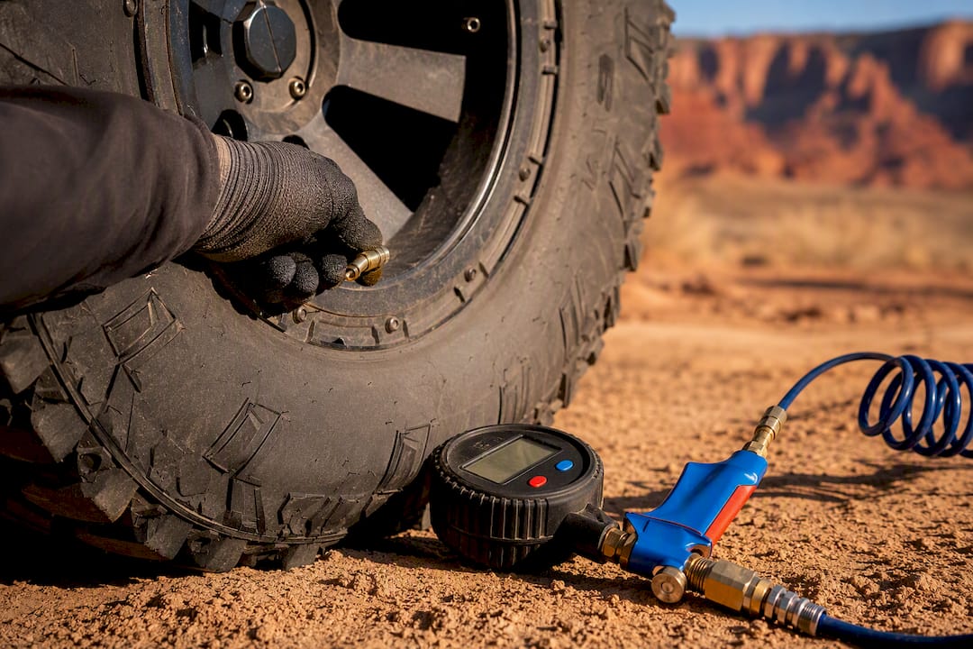 Rider checking tire pressure in sandy wash