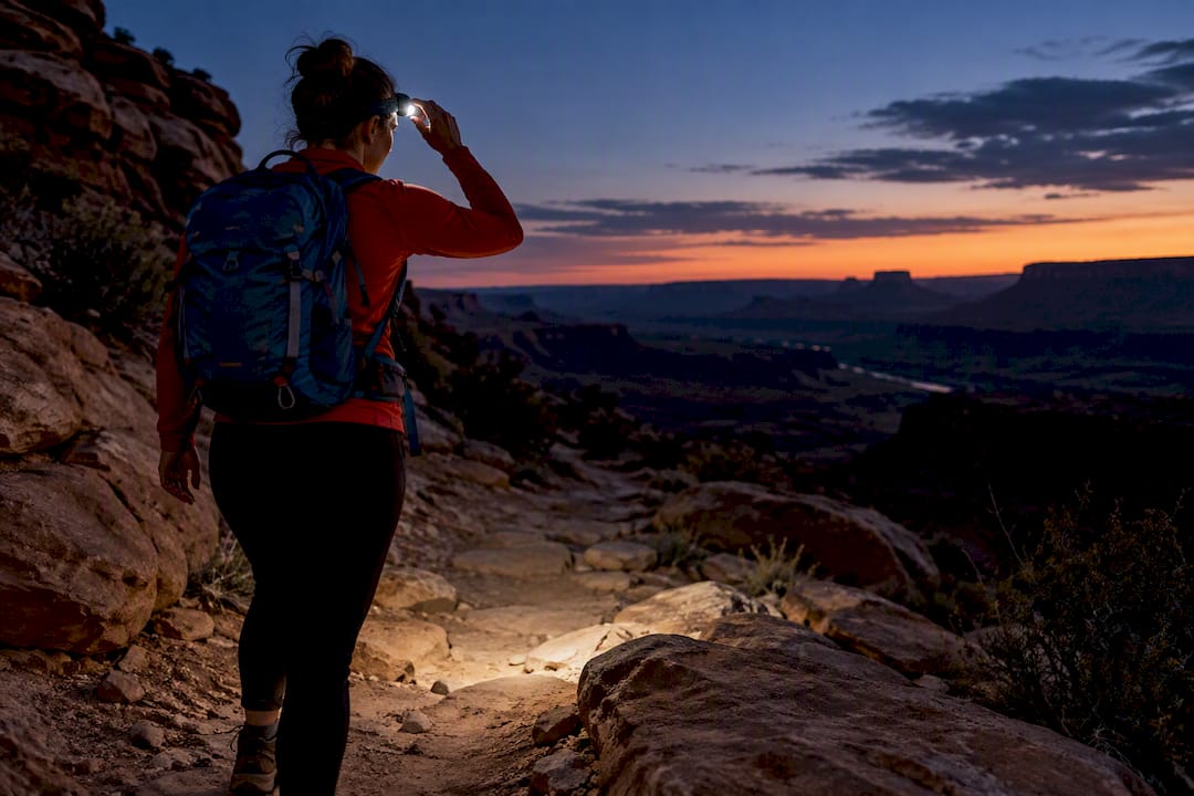 Hiker using headlamp on twilight trail
