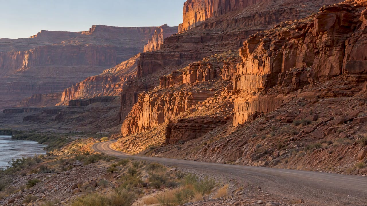 Warm light on Potash Road canyon walls