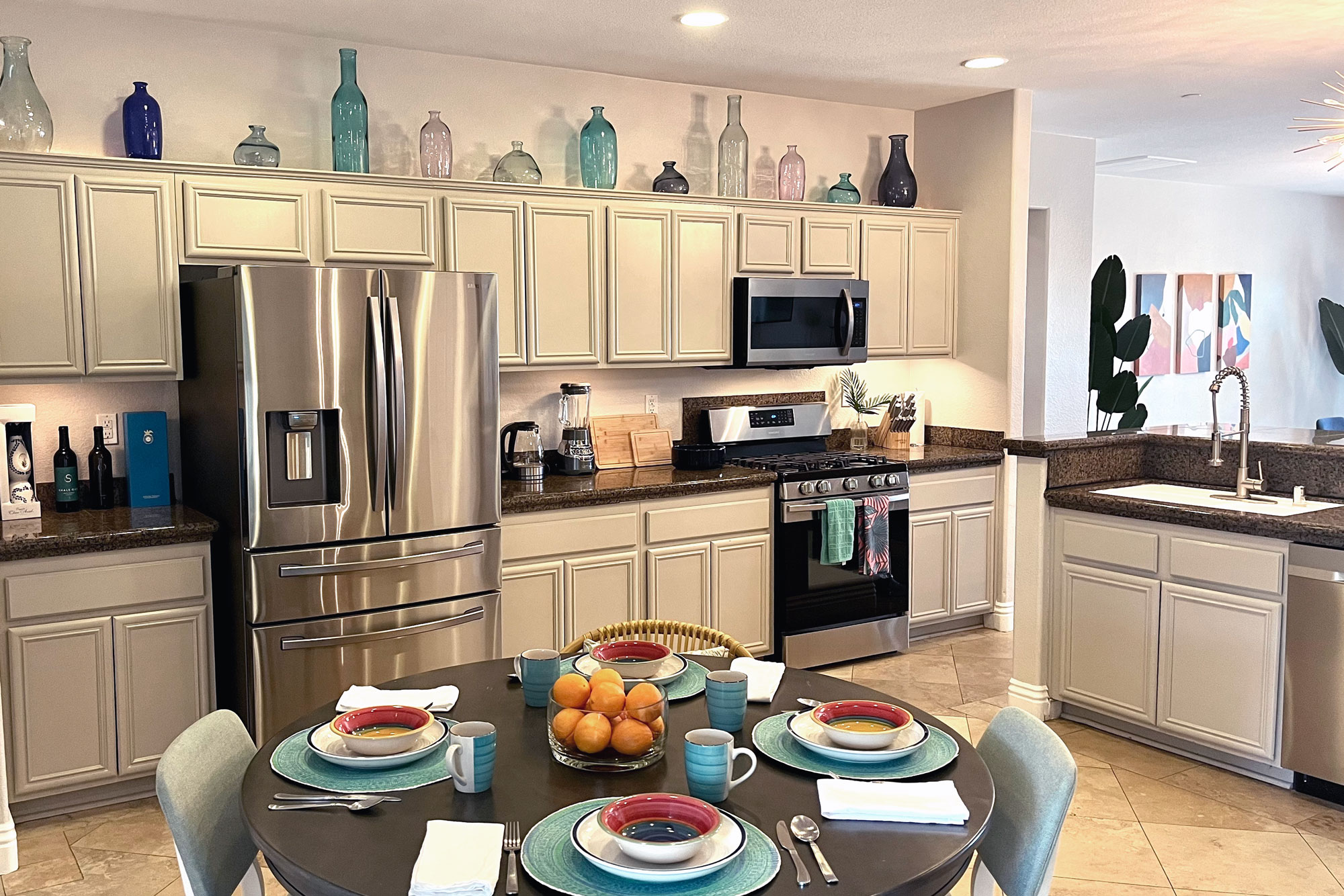 Full kitchen with many amenities are included with your long term rental at Tropical Villa in Palm Springs, California