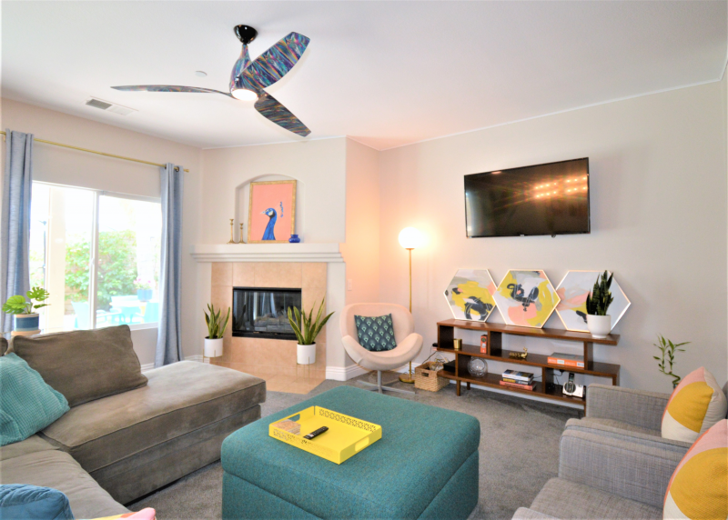 Luxury vacation rental living room fire place in palm springs california