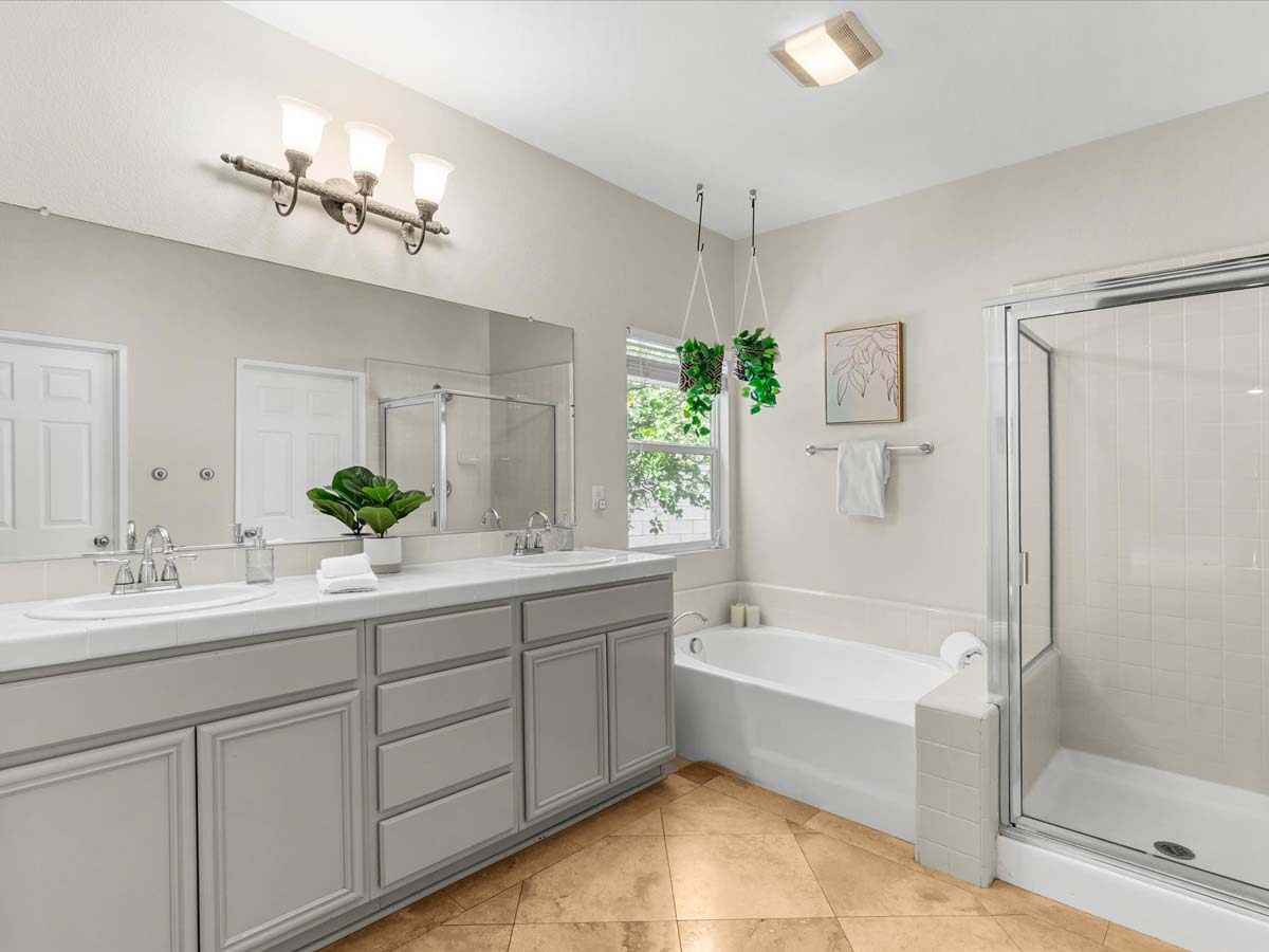 luxurious primary bathroom tropical villa palm springs