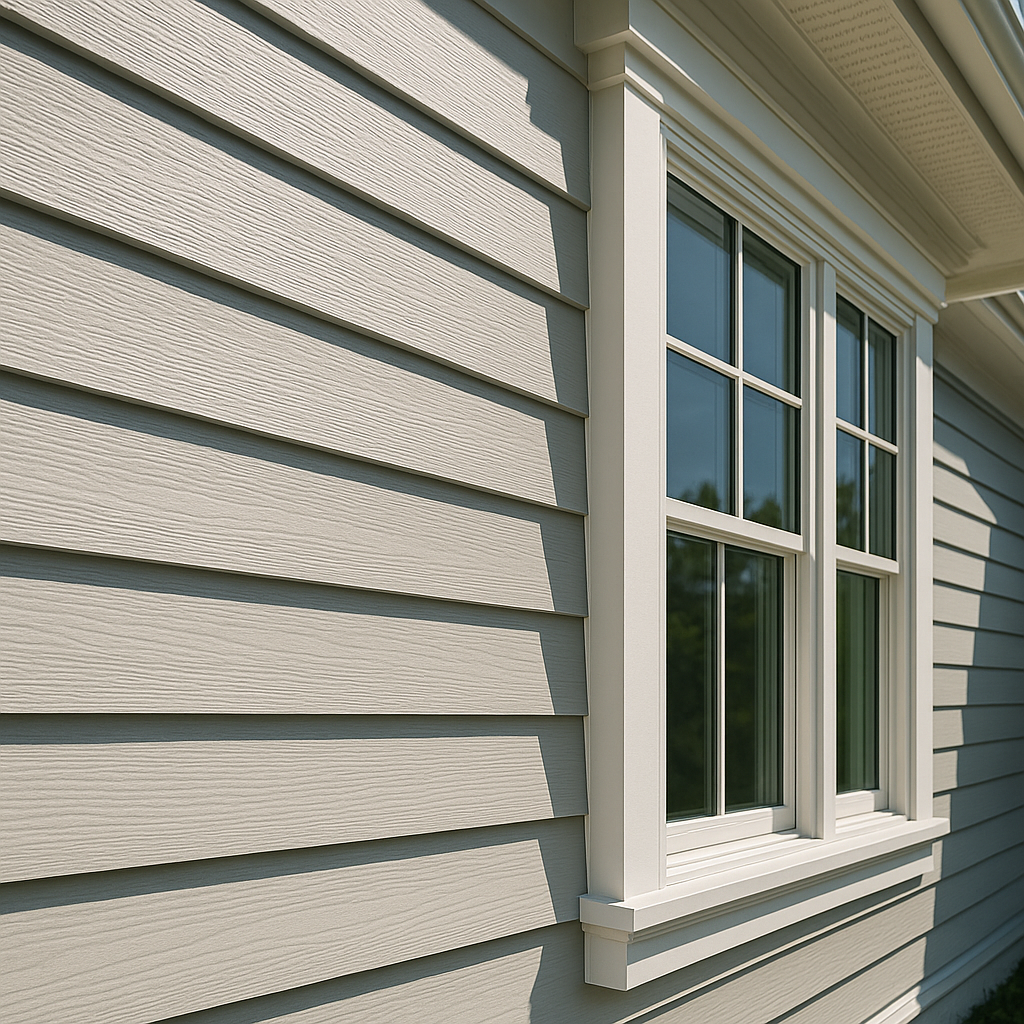 Close-up of residential exterior siding and window trim showcasing durable, clean-lined exterior construction.