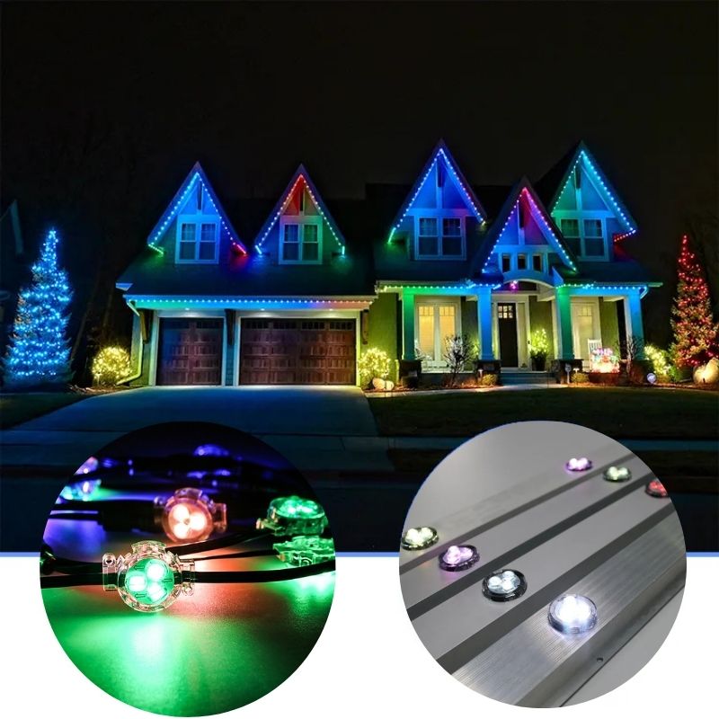 RimeBrite permanent roofline lighting system showing multicolor LEDs and discreet track installation within home paneling.