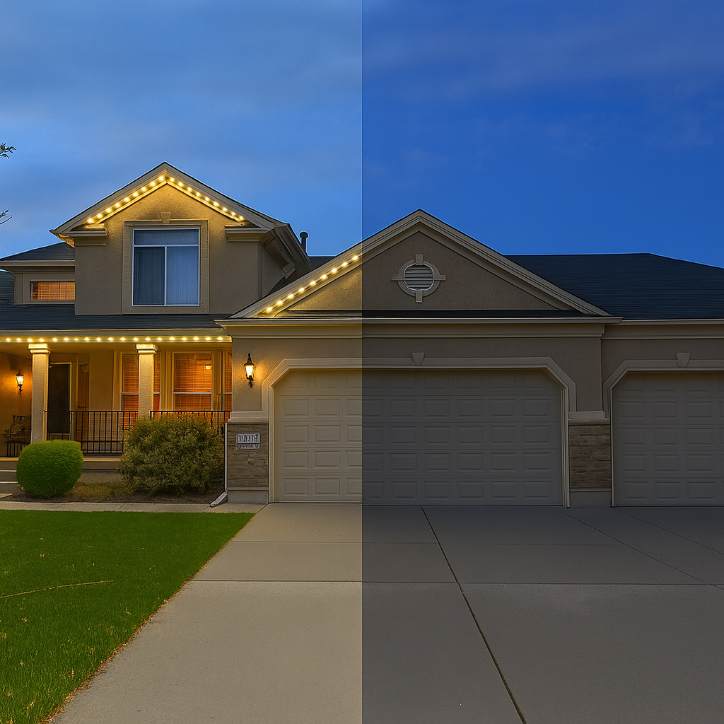 Before and after photo of a home exterior showing RimeBrite permanent lighting installed, highlighting improved curb appeal and customer satisfaction.