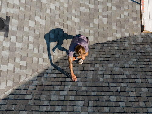 Technician performing a detailed roof inspection by checking asphalt shingles for signs of wear or leaks.