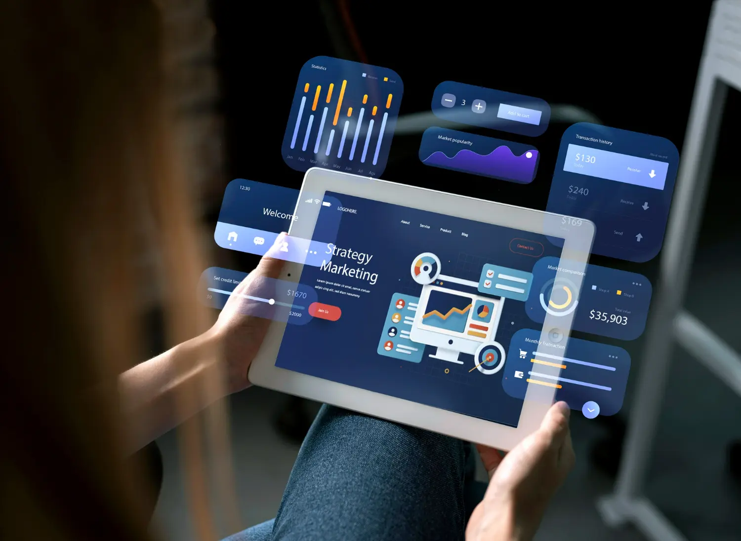 Person holding a tablet displaying digital marketing strategy analytics with floating graphs and charts, symbolizing data-driven marketing and performance tracking