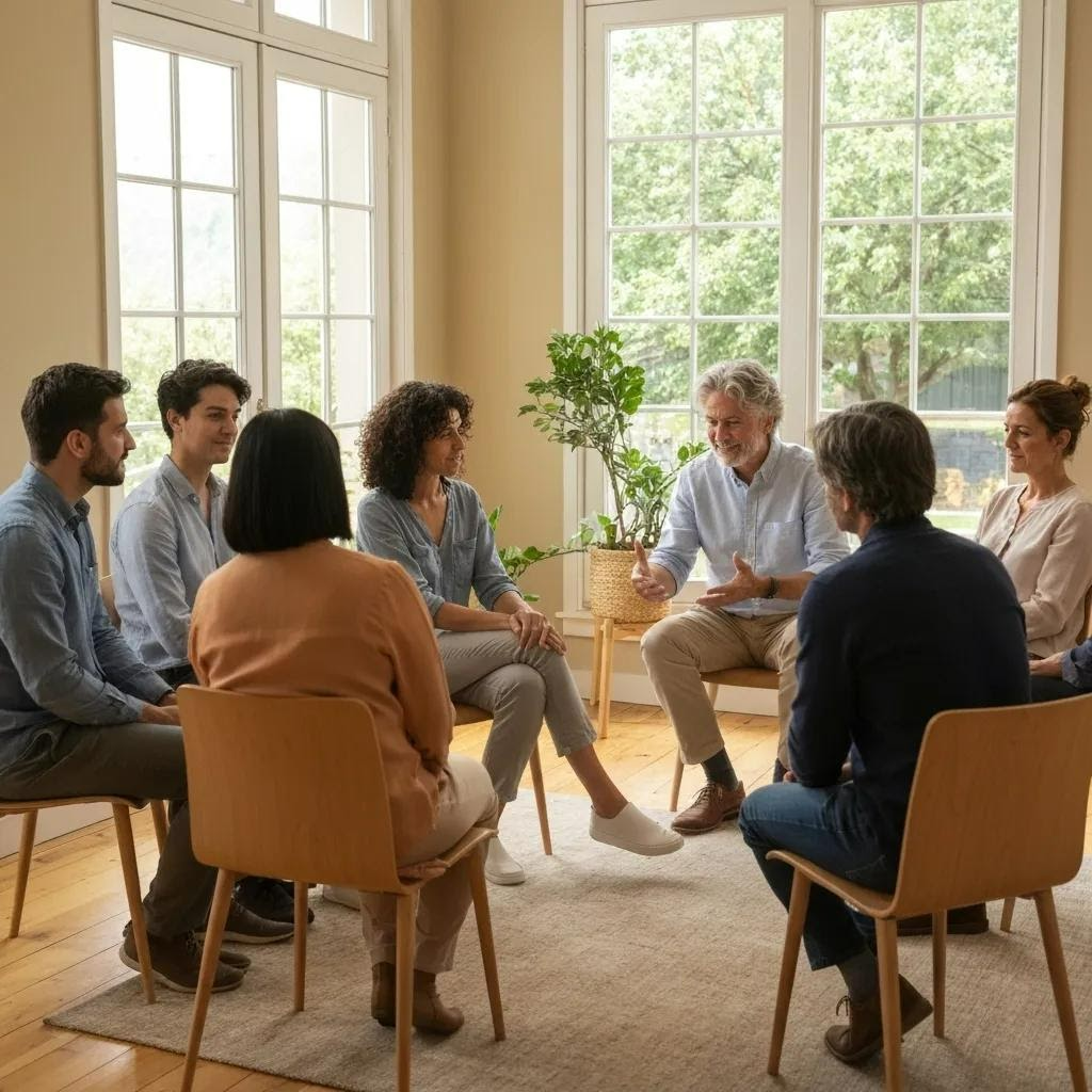 Therapist leading a community workshop with engaged participants