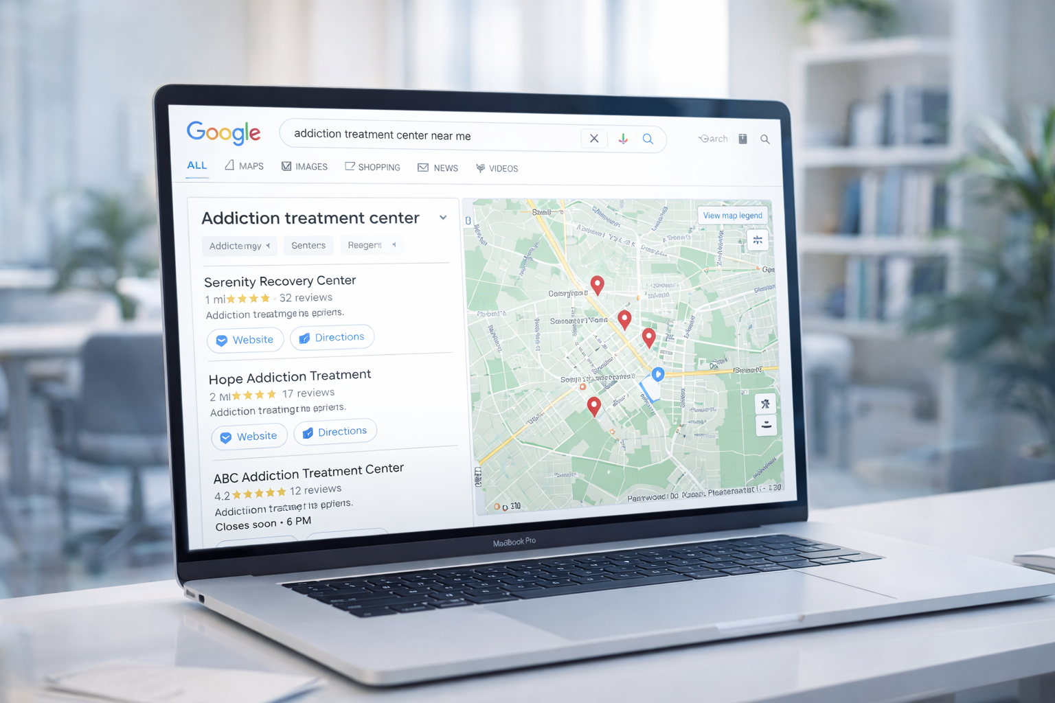 Google Maps search results showing local addiction treatment centers listed with ratings, hours, and map pins in a city area.