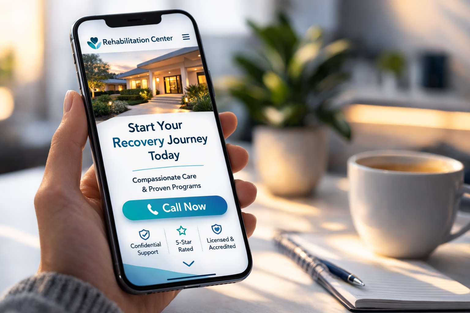 Mobile view of a treatment center website demonstrating effective rehab marketing designed to guide patients to start their recovery journey and contact admissions