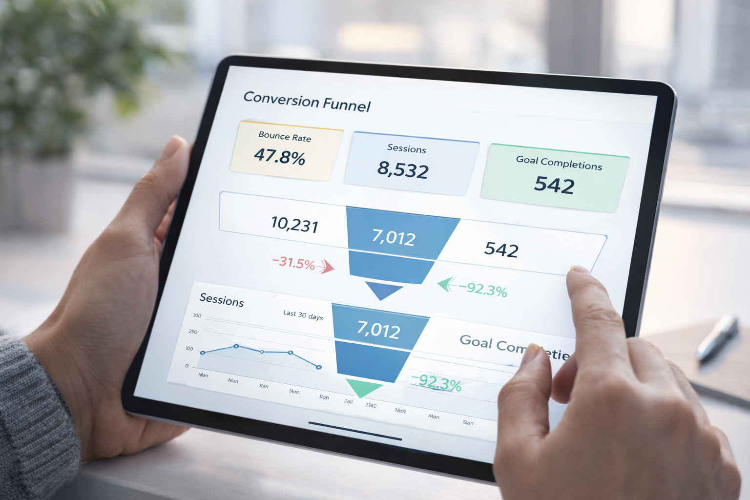 Conversion funnel dashboard analyzing KPIs and ROI in healthcare marketing, showing sessions, bounce rate, and goal completions to track patient acquisition performance