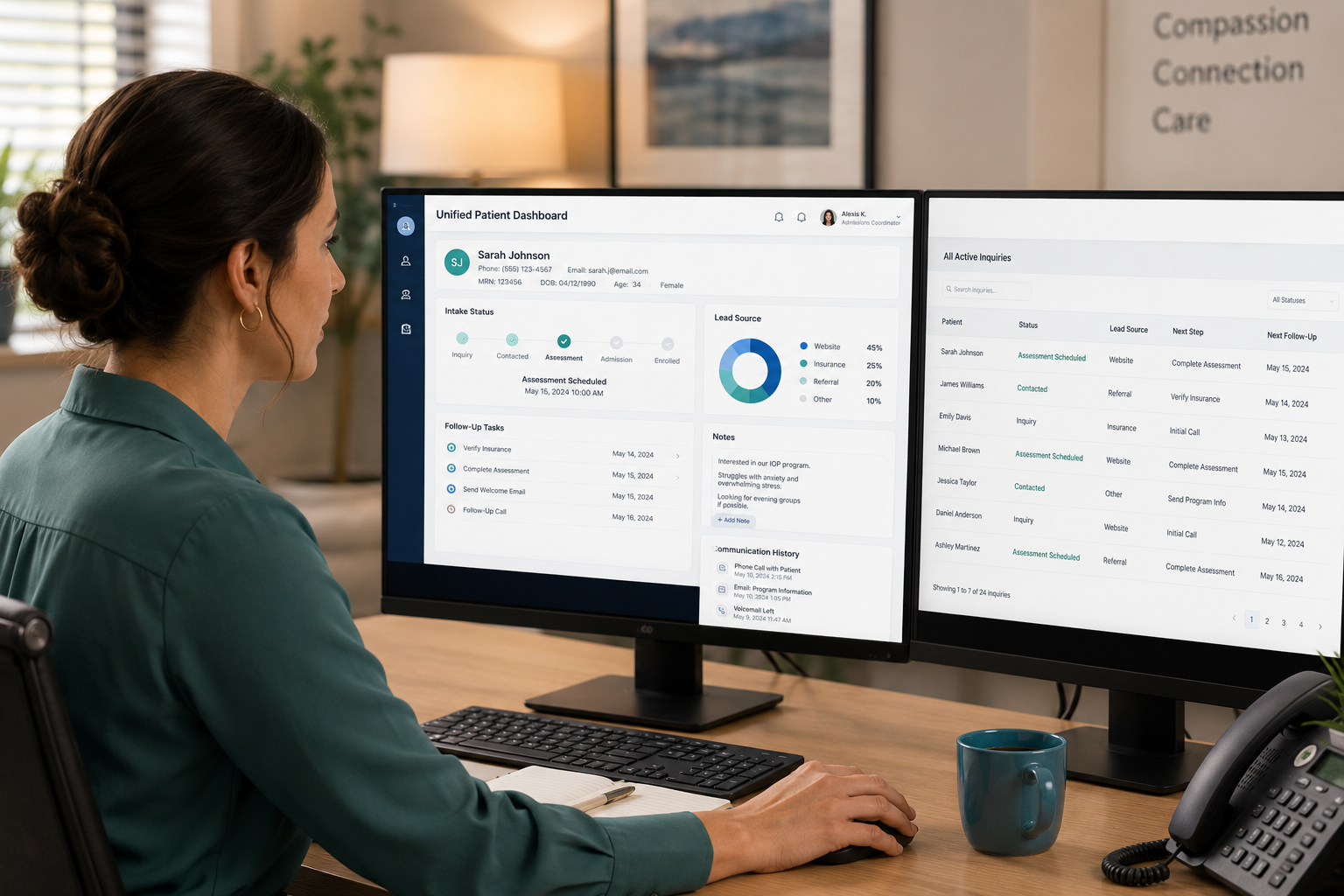 Admissions coordinator reviewing an integrated CRM and EMR dashboard at a treatment center, displaying patient intake progress, lead source attribution, and automated follow-up workflows designed to support marketing for addiction treatment centers and streamlined admissions operations