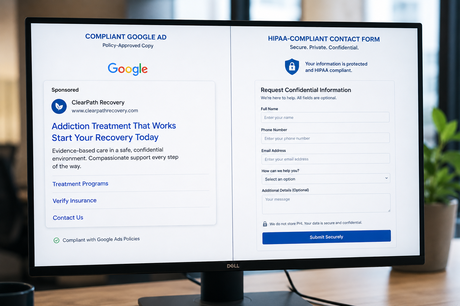 Split screen showing a compliant addiction treatment Google ad and a HIPAA-compliant contact form, illustrating healthcare marketing compliance requirements for treatment center digital advertising