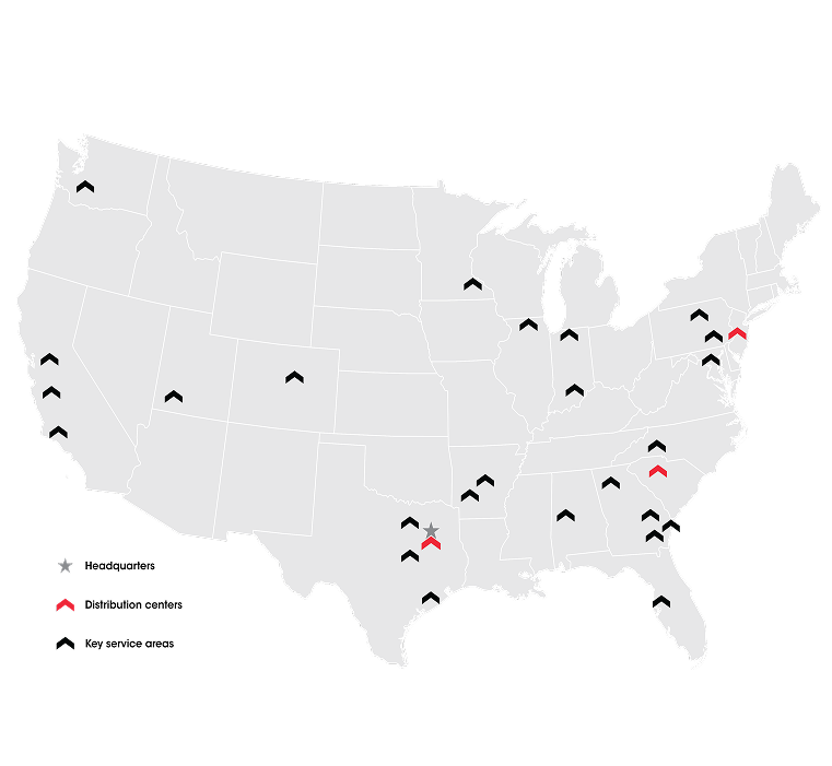 Map of the United States with Standard Logistics key facilities and distribution centers.