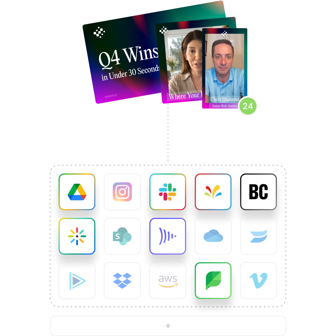 Illustration of video files being published from Socialive to various platform such as google drive, slack, sprinklr and more