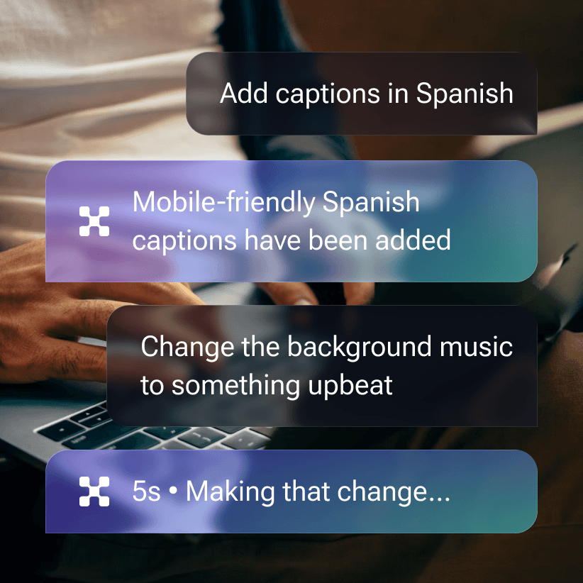AI video creation chat where a user is requesting spanish captions on a video and a change to the background music