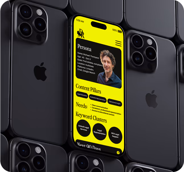 Mobile UX for client profiling, showing AI-driven audience insights on an iPhone interface for Draper Designs strategy workflows