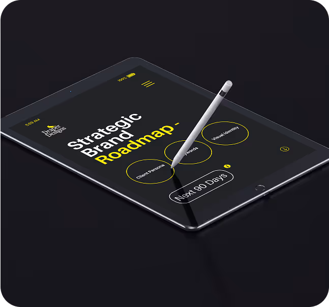 ablet displaying Draper Designs’ strategic brand roadmap with content pillars and rollout plan designed for scaling.
