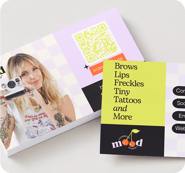 Colorful flyer and branded QR code business card for Mood Cosmetic Studio highlighting visual identity and typography system.
