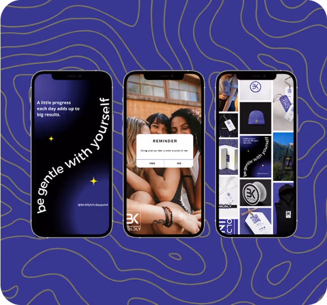Social media content graphics and branded mobile screens for Boldly Kind, styled with vibrant purple and topographic patterns.
