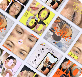 Mood Cosmetic Studio printed brand collateral including business cards, stickers, and social media designs showcasing brand consistency.