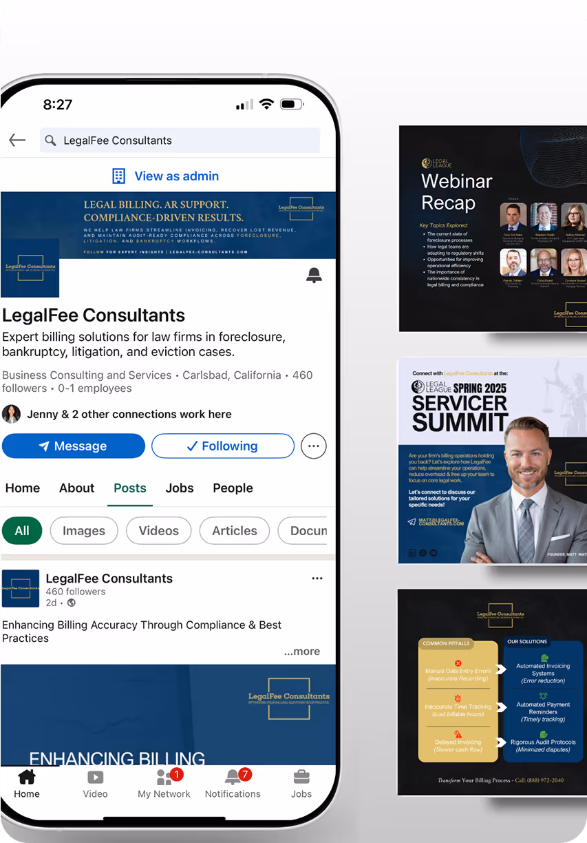 Mobile view of LegalFee Consultants LinkedIn page showcasing professional branding and optimized social media presence.