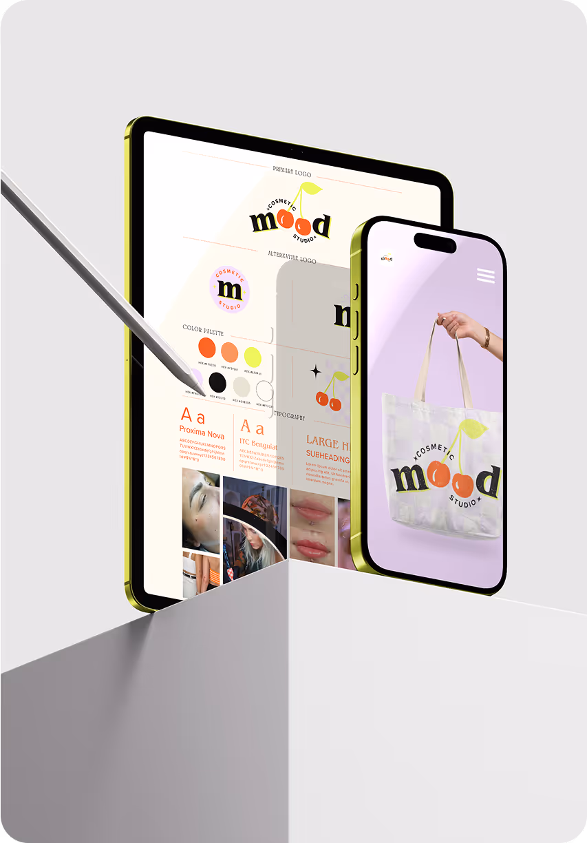 Mood Cosmetic Studio brand identity mockup featuring tablet and smartphone display of brand guidelines, logo, typography, and color palette.