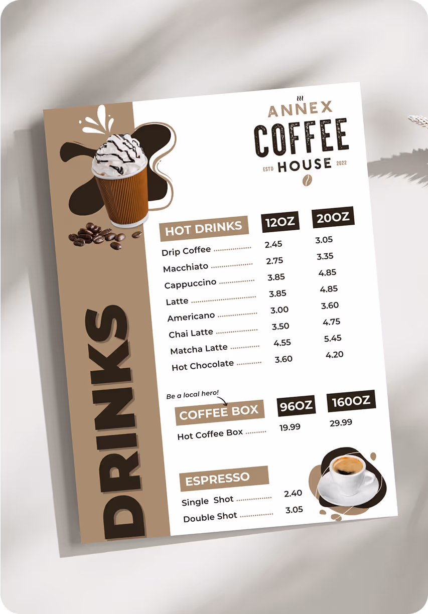 Branded coffee shop menu design for Annex Coffee House with clear pricing, minimalist icons, and cohesive typography.