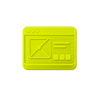 Yellow icon of a web browser window with a framed image placeholder and lines of text.