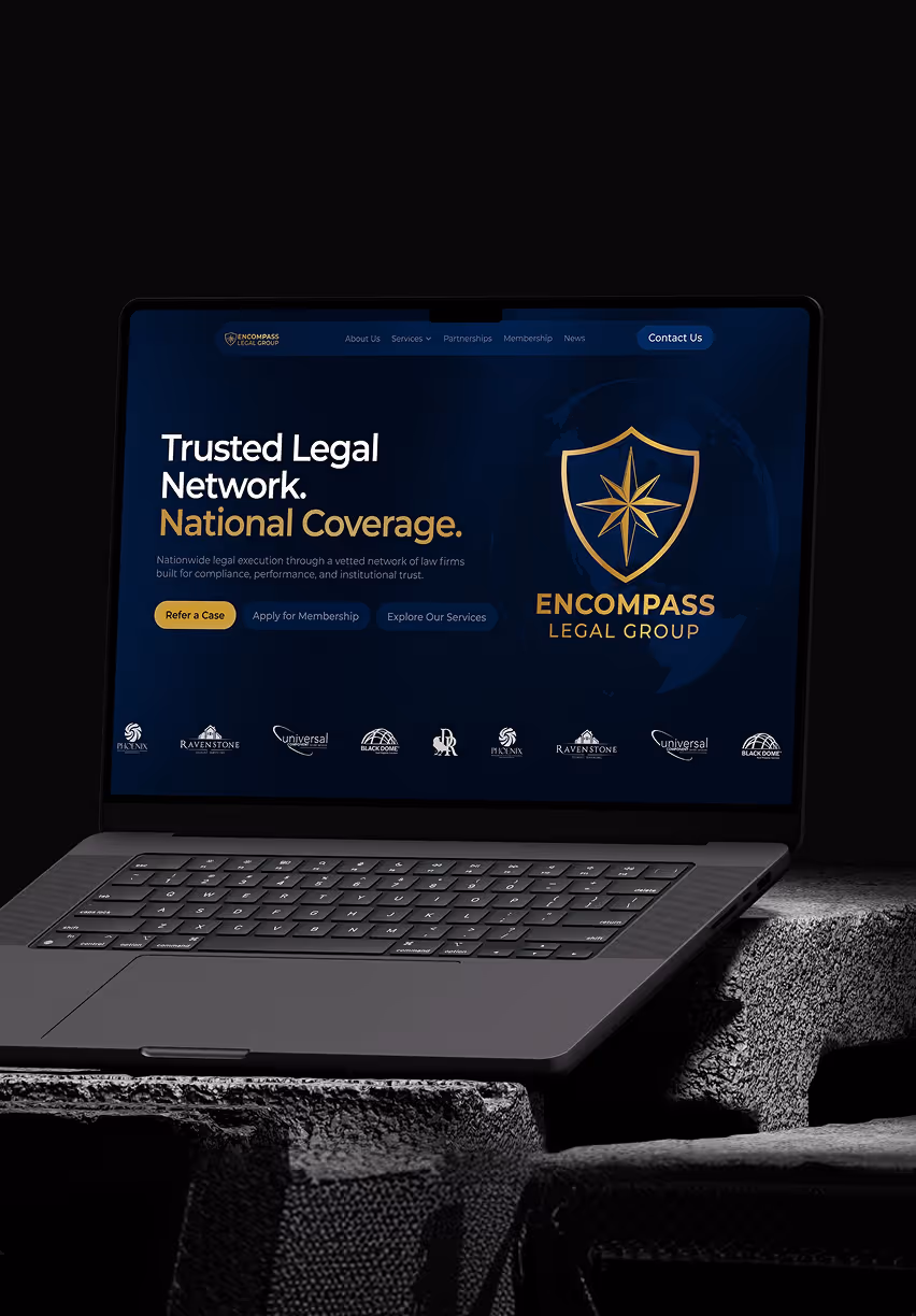 Custom UX/UI website design for Black Dome Services shown on a laptop screen with responsive layout and bold brand visuals.