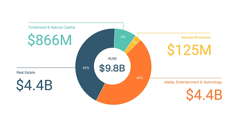 Donut chart showing $9.1 billion AUM divided into 45% Real Estate ($4.1B), 39% Media, Entertainment & Technology ($3.6B), 10% Timberland & Natural Capital ($866M), and 6% Special Situations ($531M).