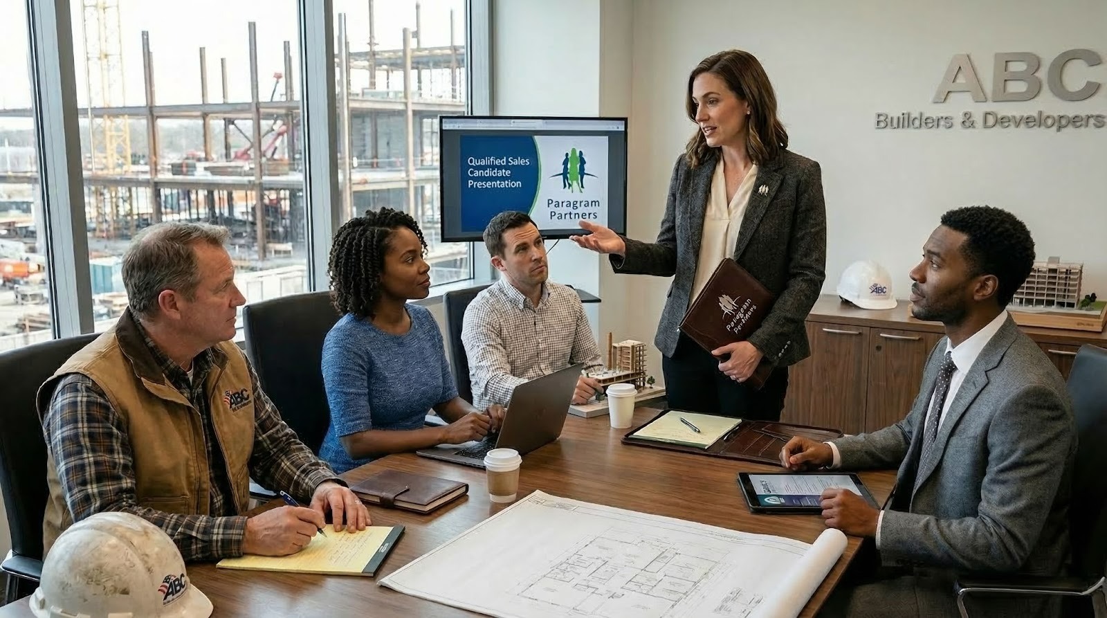 A Paragram Partners recruiter presenting a qualified sales candidate to a construction company hiring team