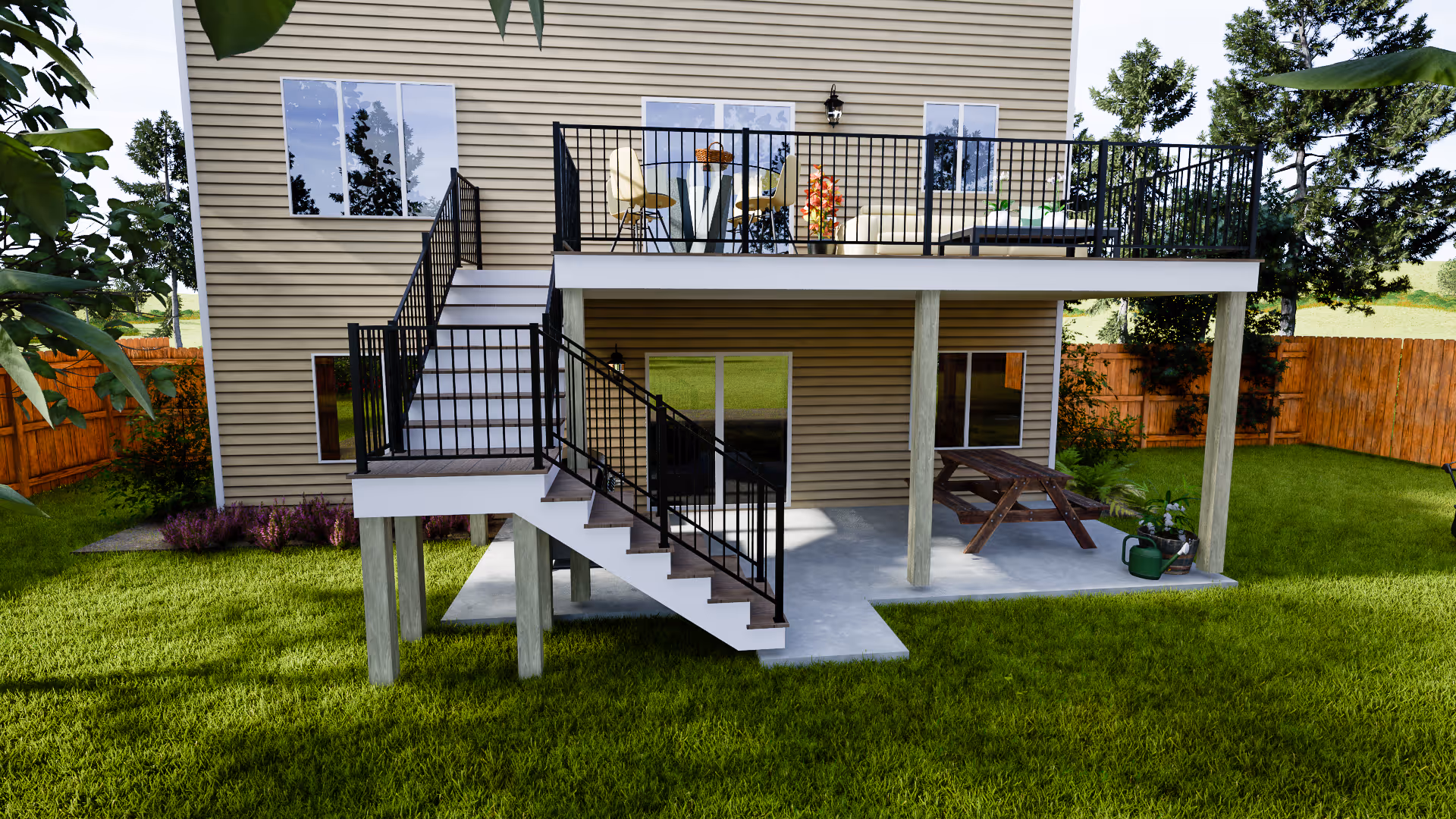 Destination Decks Essential Core Series deck on a lookout foundation in Woodbury MN — composite decking with aluminum railing for townhomes and tighter lots