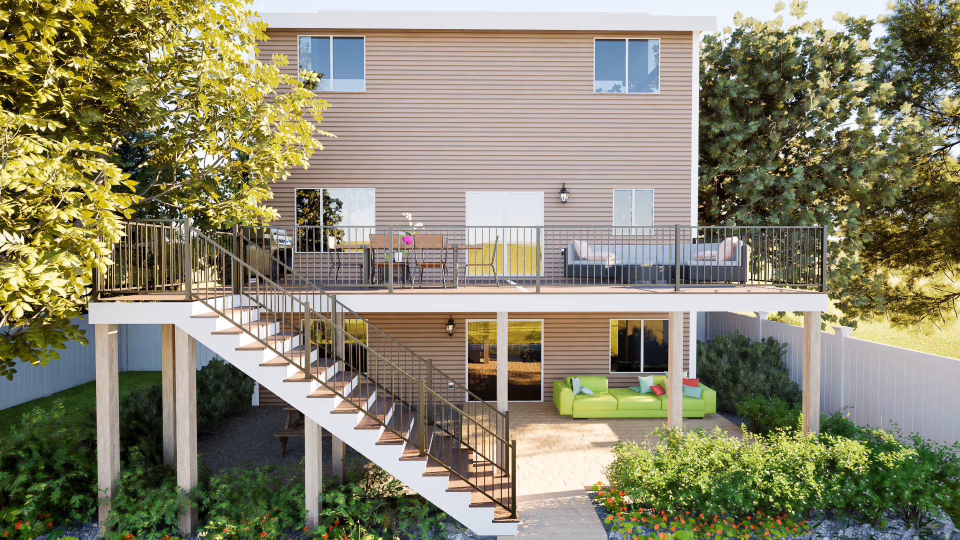 Destination Decks 448 sq ft TimberTech composite deck on a walkout foundation in Twin Cities MN — Core Series Signature