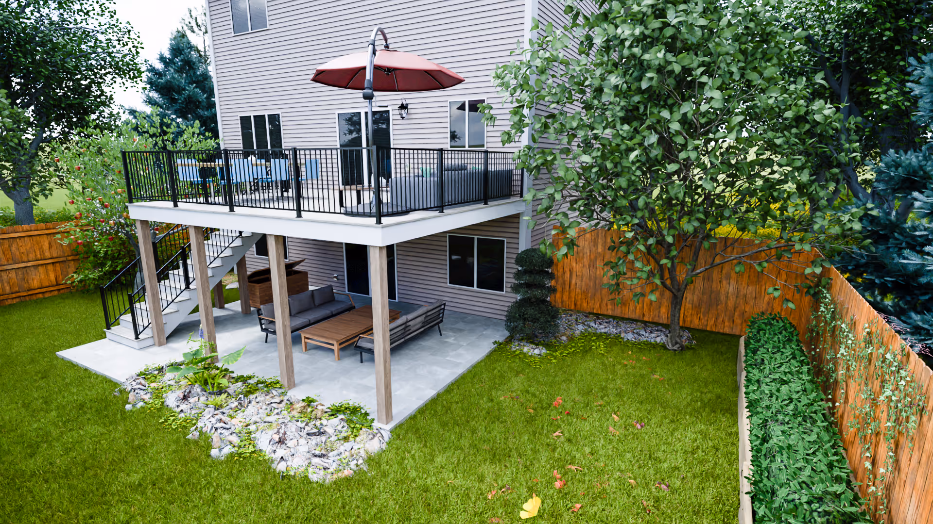 Destination Decks Classic Core Series family deck with TimberTech composite and aluminum railing — 320 sq ft built in Woodbury MN