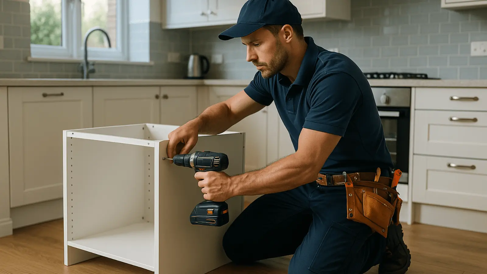 Professional handyman assembling a modern kitchen cabinet