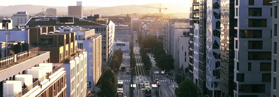 A cityscape at sunset