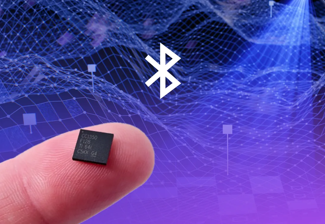 a finger with a small bluetooth chip with a bluetooth logo behind it