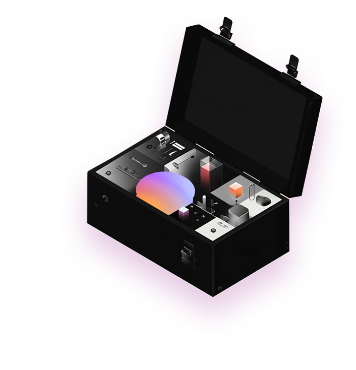 Black open toolbox with colorful geometric shapes inside, including cylinders, cubes, and a gradient semi-circle.