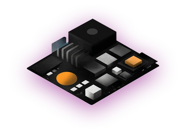 3D illustration of a black circuit board with various geometric components on a purple background.