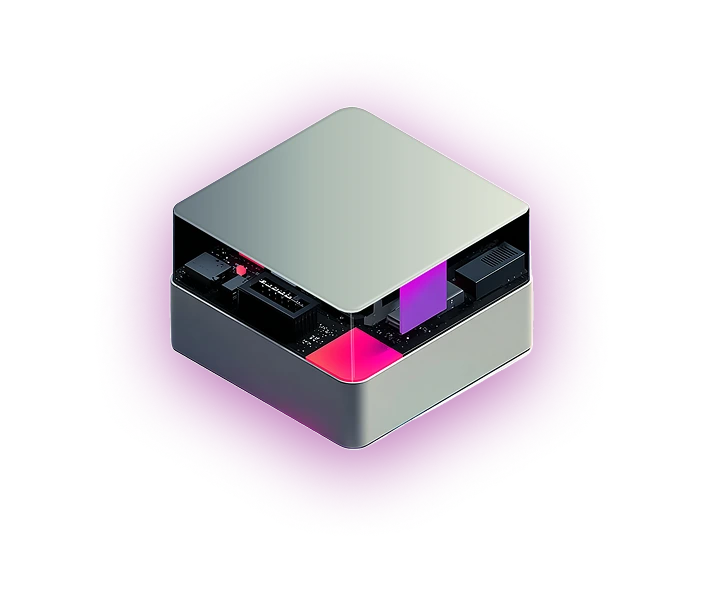 Metallic gray square device with rounded edges, partially opened to reveal internal black circuit board with a glowing pink and purple component inside.