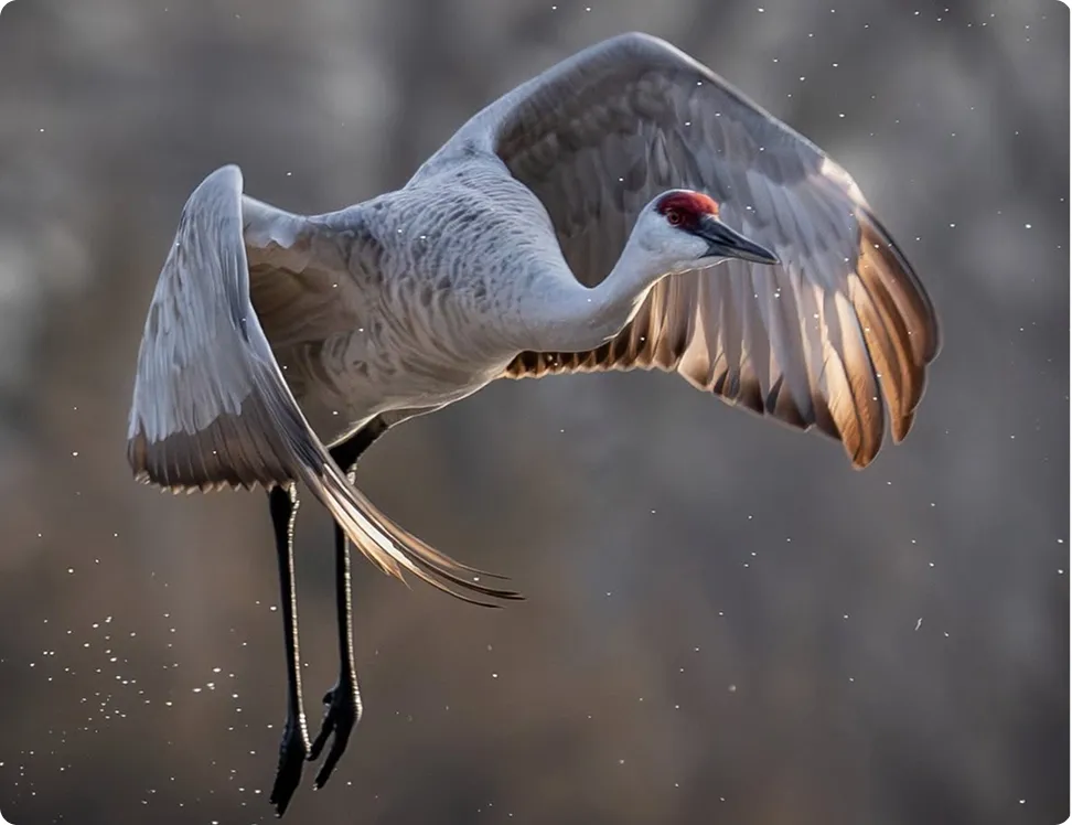 A sandhill crane gracefully flies with its wings fully extended, backlit by the sun, creating a gentle glow. Water droplets trail beneath it, conveying motion.