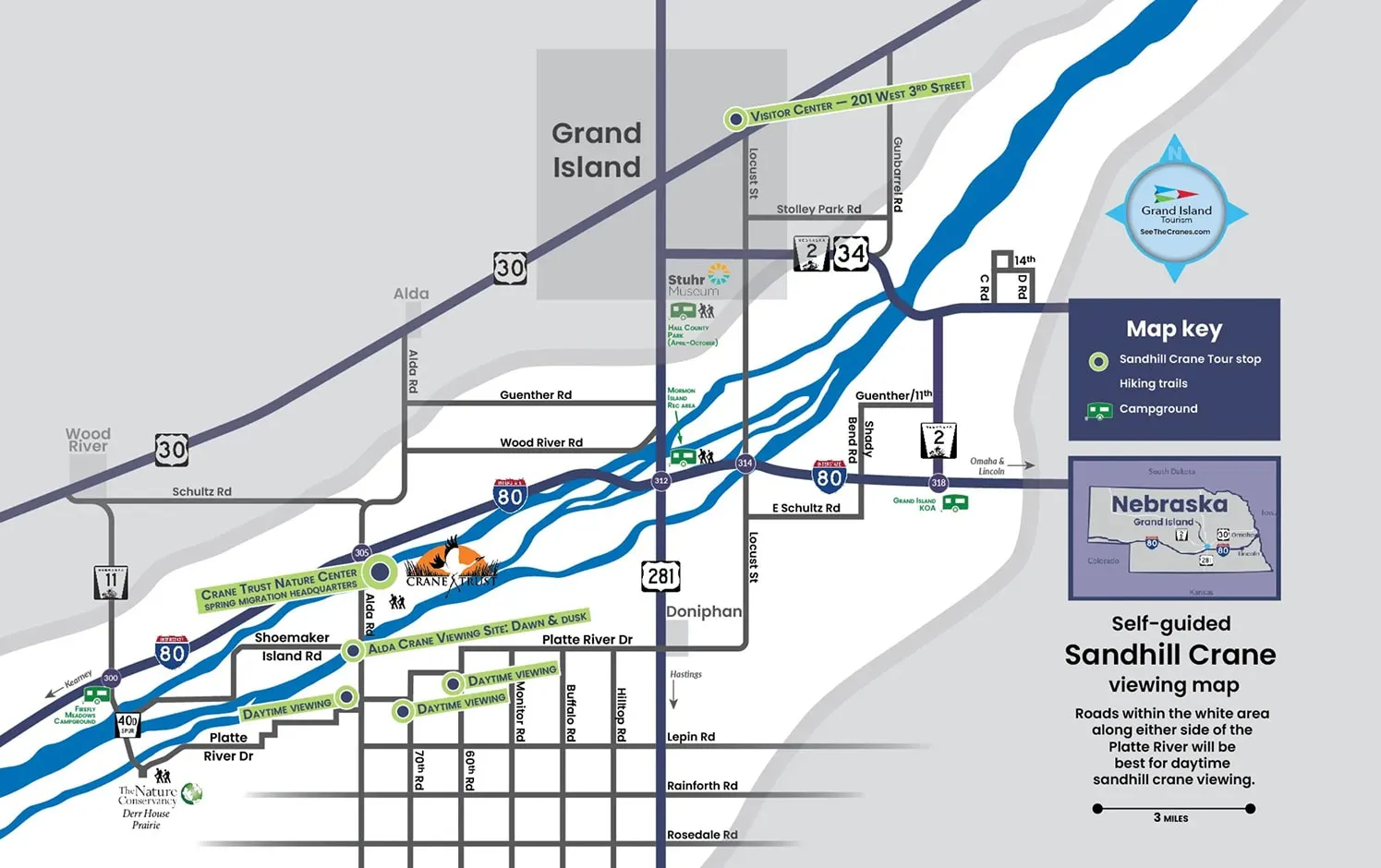 Map of Sandhill Crane viewing sites near Grand Island, Nebraska, showing roads, rivers, visitor centers, campsites, and viewing areas.