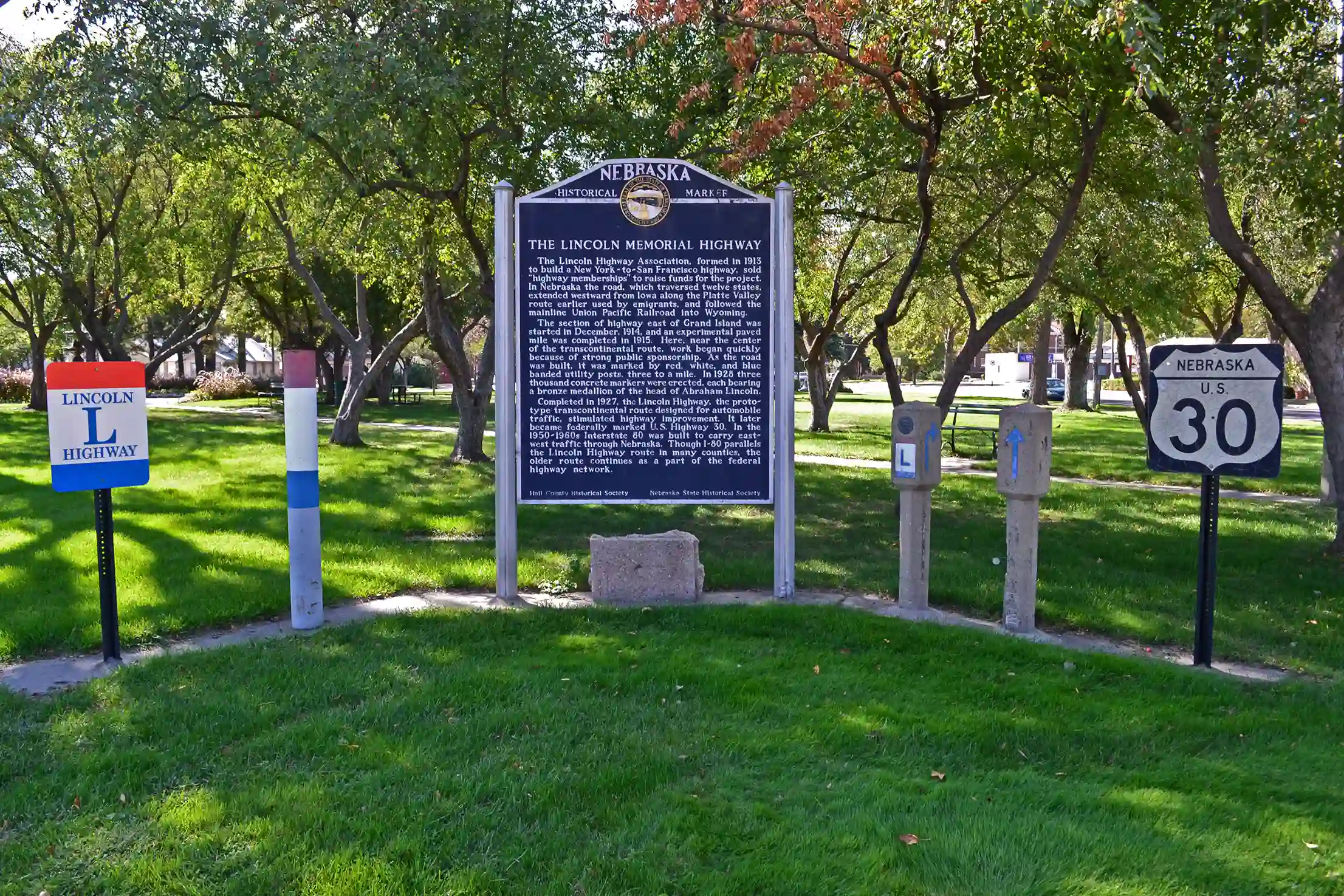 A display of Lincoln Highway road signs in Pioneer Park.