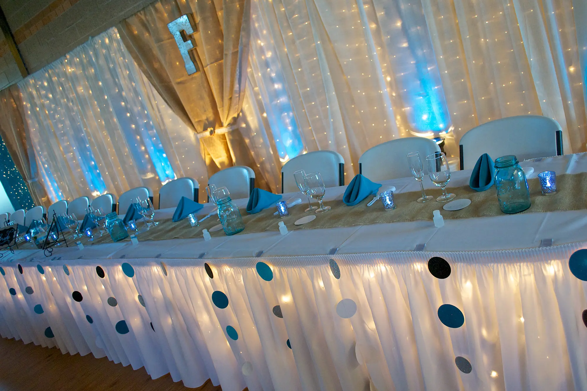 A table decorated for a wedding reception at the Doniphan Community Center in central Nebraska.