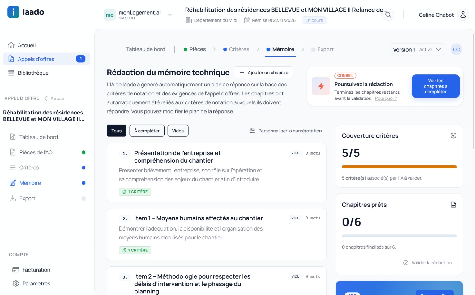 Écran Iaado du plan du mémoire technique et de la couverture des critères